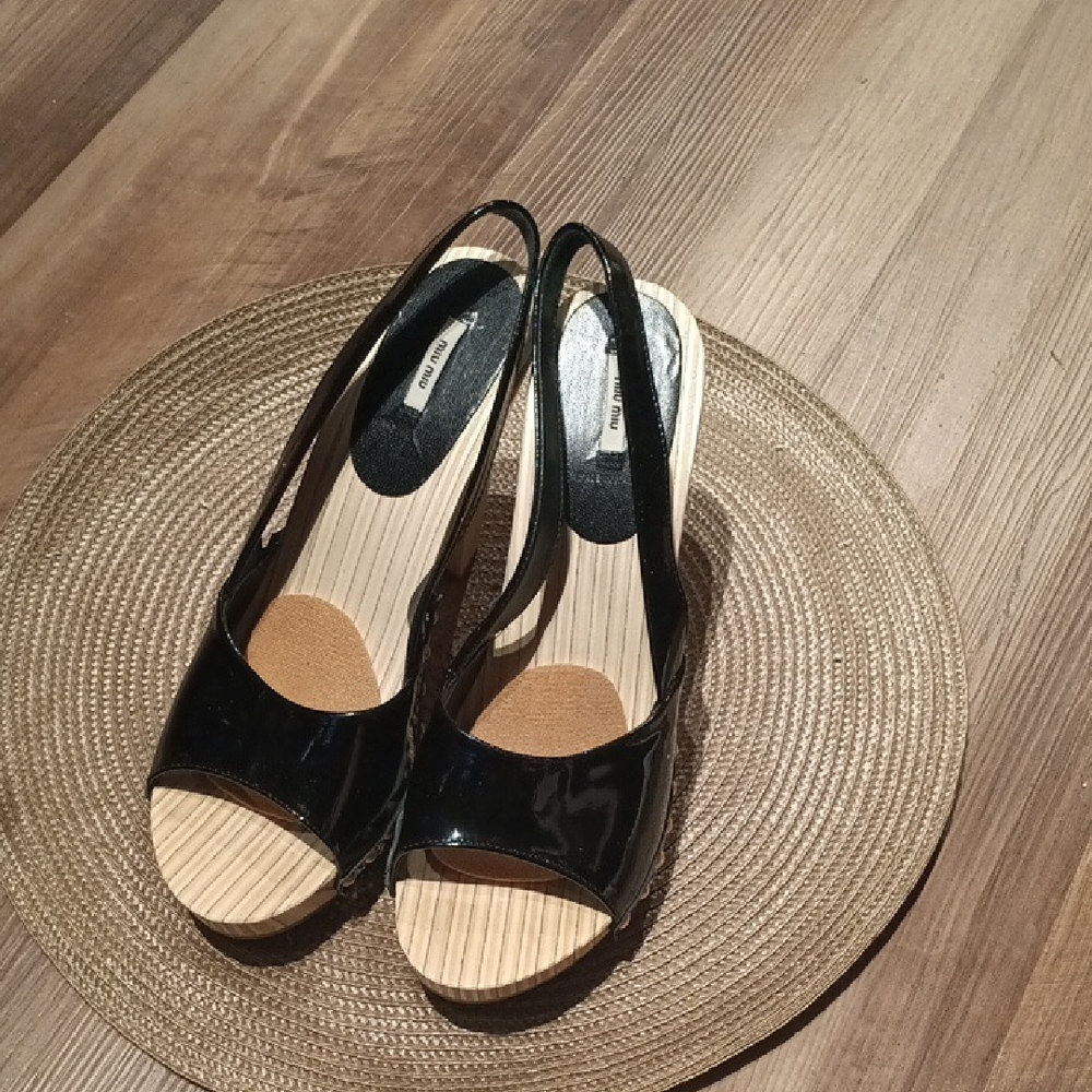 Miu Miu Black Patent Slingback Wedge Sandals